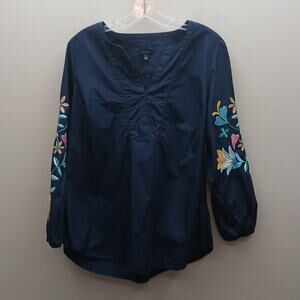 Talbots Curved Hem Floral Embroidered Long Sleeve Poplin Blouse Top Blue Large